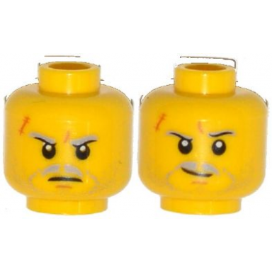 yellow minifigure head dual sided light bluish gray beard stubble moustache eyebrows scar determined smirk pattern solomon blaze
