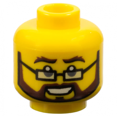 yellow minifigure head dark brown bushy eyebrows full beard and moustache black rectangular glasses open mouth smile with teeth pattern