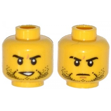 yellow minifigure head dual sided beard stubble black eyebrows determined open mouth mouth closed scar on right eyebrow pattern