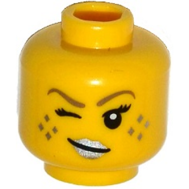 yellow minifigure head female with silver lips freckles and wink pattern