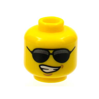 yellow minifigure head glasses with black sunglasses large and lopsided smile wide with teeth pattern