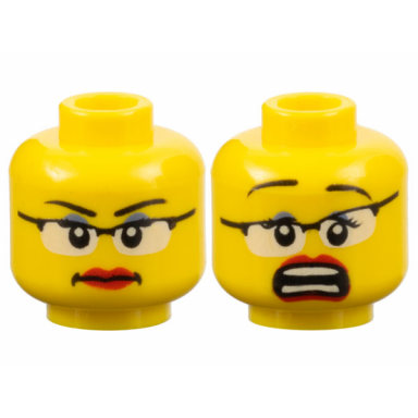 yellow minifigure head dual sided female glasses with black frames red lips determined scared pattern