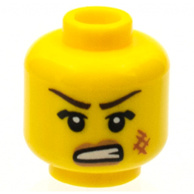 yellow minifigure head female dark brown thin eyebrows dark tan lips dark orange scuff mark angry open mouth with teeth pattern