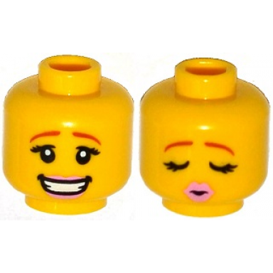 yellow minifigure head dual sided female dark orange eyebrows eyelashes bright pink lips smile eyes closed kissing pattern