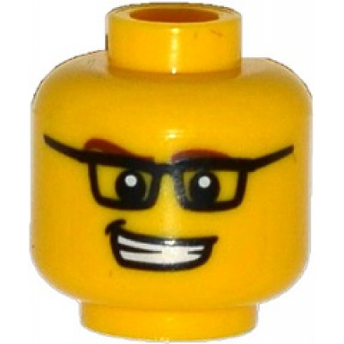 yellow minifigure head glasses rectangular brown eyebrows open mouth smile with teeth white pupils pattern