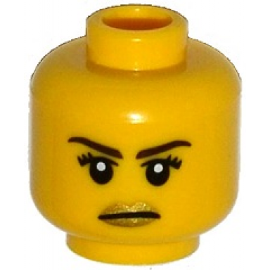 yellow minifigure head female dark brown eyebrows black eyelashes white pupils gold lips stern pattern