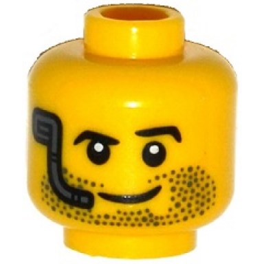 yellow minifigure head beard stubble raised left eyebrow headset and smile pattern