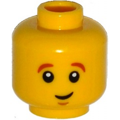yellow minifigure head dark orange eyebrows white pupils crooked smile and chin dimple pattern