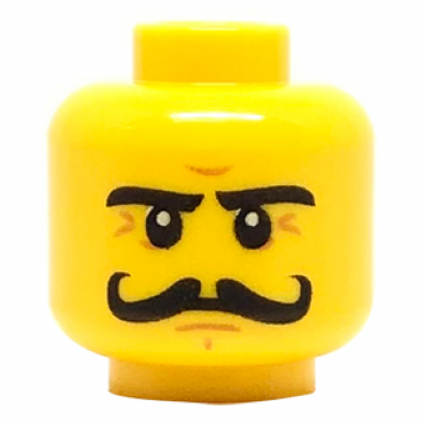 yellow minifigure head moustache curly long stern eyebrows white pupils pattern