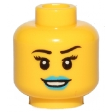 yellow minifigure head female black eyebrows eyelashes dark azure lips open mouth smile with teeth pattern