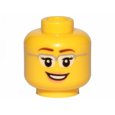 yellow minifigure head female glasses with silver frames reddish brown eyebrows eyelashes nougat lips open mouth smile with teeth pattern
