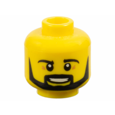 yellow minifigure head black eyebrows moustache and angular beard open mouth smile with teeth pattern