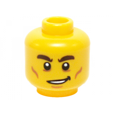 yellow minifigure head male dark brown bushy eyebrows cheek lines and lopsided smile pattern