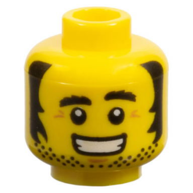 yellow minifigure head black bushy eyebrows sideburns beard stubble medium nougat wrinkles and chin dimple open mouth smile with teeth pattern