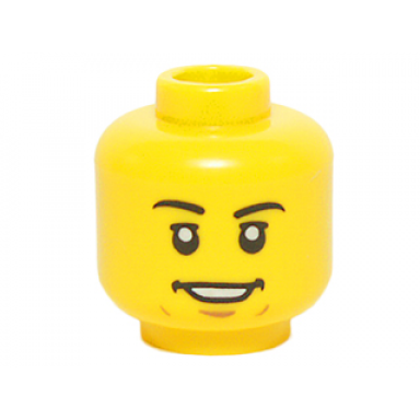 yellow minifigure head black eyebrows upper eyelids medium nougat chin dimple open mouth smile with teeth and dimples pattern
