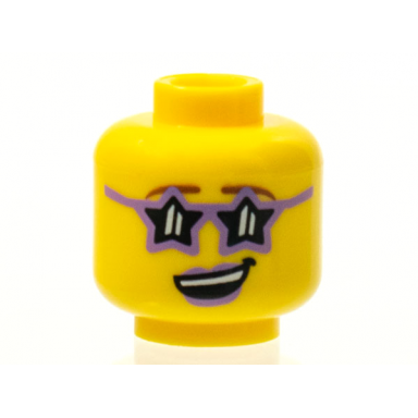yellow minifigure head female glasses star shaped medium lavender lips open lopsided smile with teeth pattern