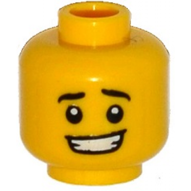 yellow minifigure head black eyebrows white pupils crooked open mouth smile with teeth pattern
