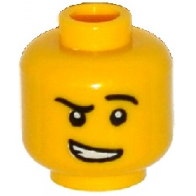 yellow minifigure head black eyebrows raised left eyebrow lopsided open mouth smile with teeth pattern