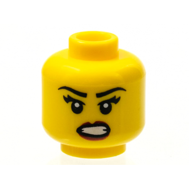 yellow minifigure head female black eyebrows eyelashes angry open mouth with bared teeth red lips pattern