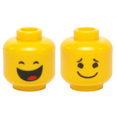 yellow minifigure head dual sided black closed eyes smile with tongue black eyes eyebrows and wide closed mouth smile pattern benny