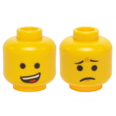 yellow minifigure head dual sided open lopsided smile pinched eyebrows and frown pattern emmet