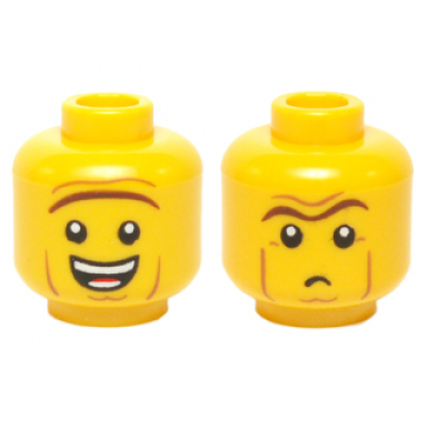 yellow minifigure head dual sided brown unibrow cheek lines open mouth smile small frown pattern president business