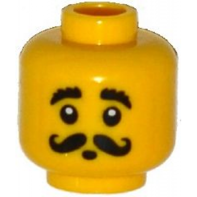 yellow minifigure head moustache black curled bushy eyebrows round mouth pattern