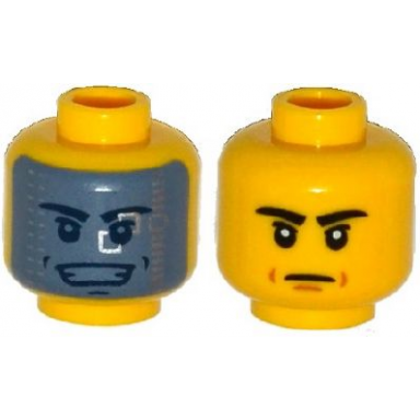yellow minifigure head dual sided black eyebrows mouth lines dark bluish gray visor with silver squares open smile with teeth pattern