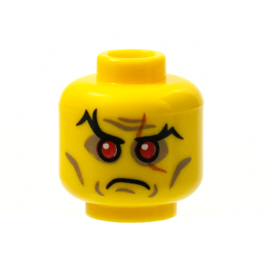 yellow minifigure head black eyebrows red sunken eyes scar over left eye cheek lines and wrinkles pattern