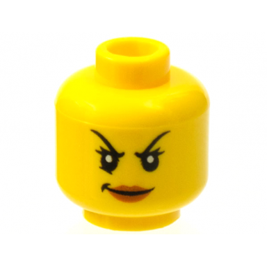 yellow minifigure head female black arched thin eyebrows eyelashes dark orange lips evil smirk pattern