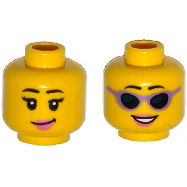 yellow minifigure head dual sided female black eyebrows dark pink lips eyelashes sunglasses with medium lavender frames pattern