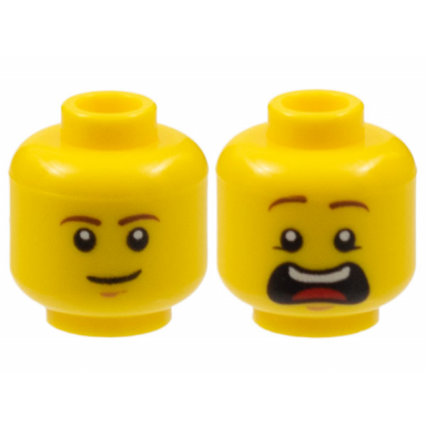 yellow minifigure head dual sided brown eyebrows white pupils slight smile and cleft chin open mouth scared pattern mcscrubs