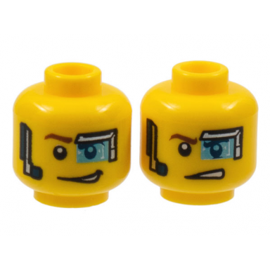 yellow minifigure head dual sided digital eye glass over left eye smirk determined pattern curtis bolt
