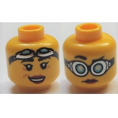 yellow minifigure head dual sided female red lips goggles closed mouth open mouth smile pattern christina hydron