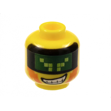 yellow minifigure head male with dark green pixelated visor sideburns and wide grin with teeth pattern terabyte