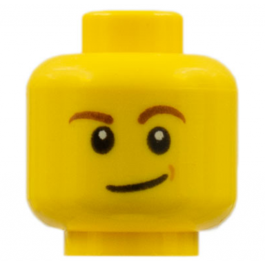 yellow minifigure head reddish brown eyebrows white pupils lopsided smile and medium nougat dimple pattern