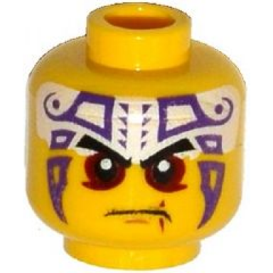 yellow minifigure head black eyebrows dark red eyes dark purple and white tattoo pattern