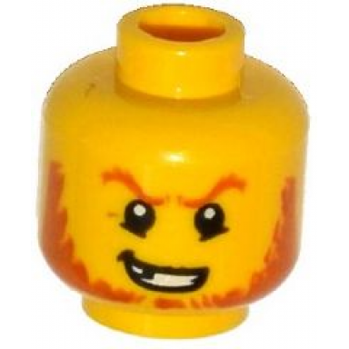 yellow minifigure head dark orange eyebrows and beard broken tooth determined grin pupils pattern
