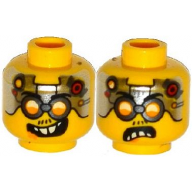 yellow minifigure head dual sided glasses with silver goggles metal plates with circuitry on forehead smile angry pattern drillex