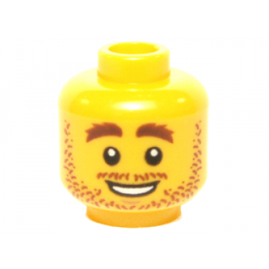 yellow minifigure head reddish brown bushy eyebrows moustache and beard stubble open mouth smile with teeth pattern