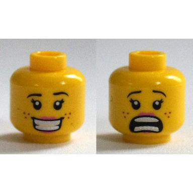 yellow minifigure head dual sided female brown eyebrows freckles eyelashes peach lips smile with teeth scared open mouth pattern