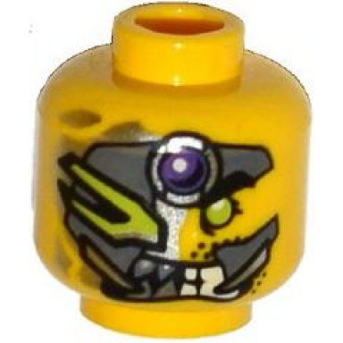 yellow minifigure head alien with metal mask purple jewel green eye pointed teeth pattern