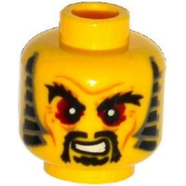 yellow minifigure head black bushy eyebrows red eyes moustache and goatee sideburns wrinkles pattern