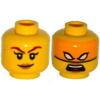yellow minifigure head dual sided female dark red eyebrows dark tan lips smile bright light orange mask white eyes open mouth pattern