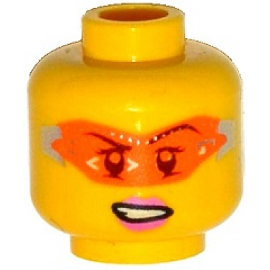 yellow minifigure head female glasses with orange digital sunglasses pink lips lopsided mouth with teeth pattern