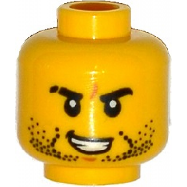 yellow minifigure head beard stubble black eyebrows scar on right eyebrow open mouth with teeth pattern
