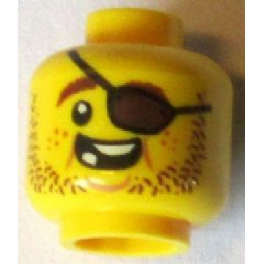 yellow minifigure head beard brown stubble eye patch open grin missing teeth pattern