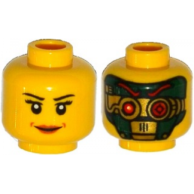yellow minifigure head dual sided female black eyebrows eyelashes brown lips green and gold robot red eyes and eyebrows pattern