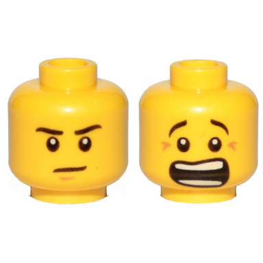yellow minifigure head dual sided black eyebrows white pupils brown chin dimple mouth open scared mouth closed stern pattern