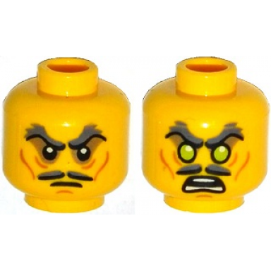 yellow minifigure head dual sided moustache split stern dark bluish gray bushy eyebrows sunken eyes wrinkles green eyes angry pattern